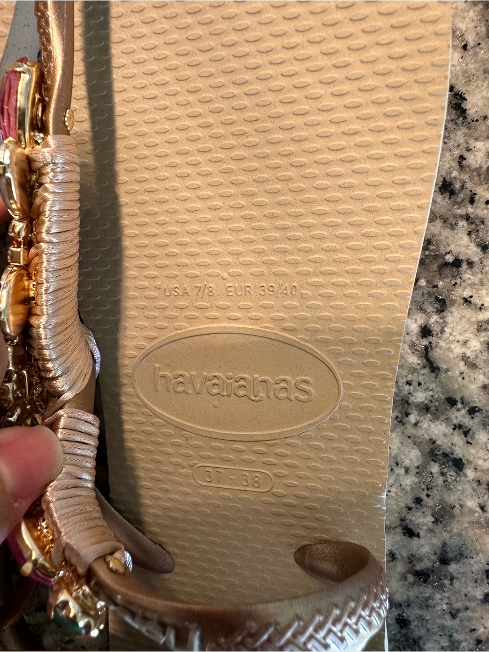 Havaianas Gold-Strap Sandals with Pink & Teal Gem Accents - Picture 5 of 5